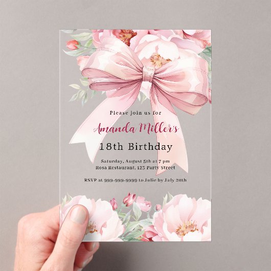 Blush roze strik bloemen duidelijke verjaardag acryl uitnodigingen (Insitu (Draagbaar))