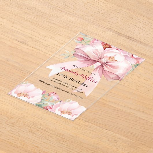 Blush roze strik bloemen duidelijke verjaardag acryl uitnodigingen (Laagn)