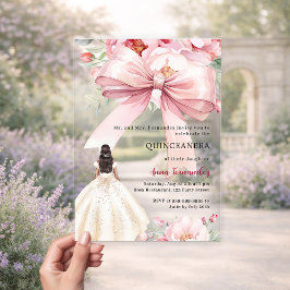 Blush roze strik bloemen jurk Quinceanera helder Acryl Uitnodigingen