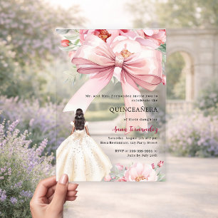 Blush roze strik bloemen jurk Quinceanera helder Acryl Uitnodigingen