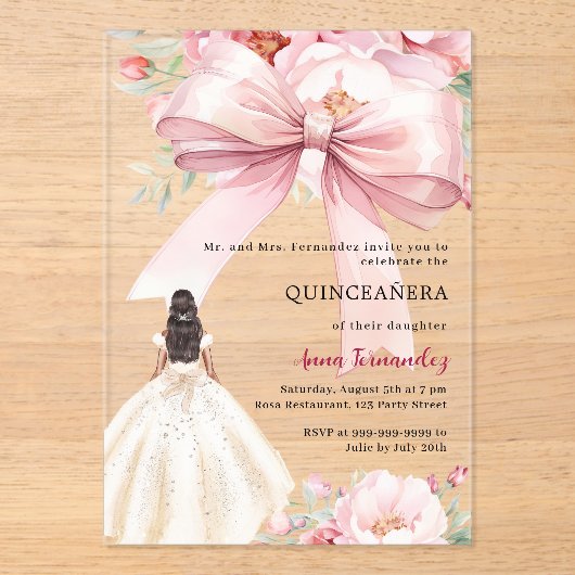 Blush roze strik bloemen jurk Quinceanera helder Acryl Uitnodigingen (Voorkant)