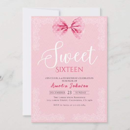 Blush roze  strik lief zestien jaar kaart (Voorkant)