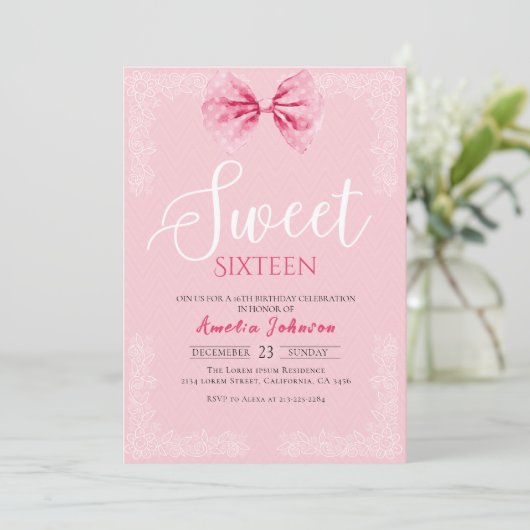 Blush roze  strik lief zestien jaar kaart (Staand voorkant)