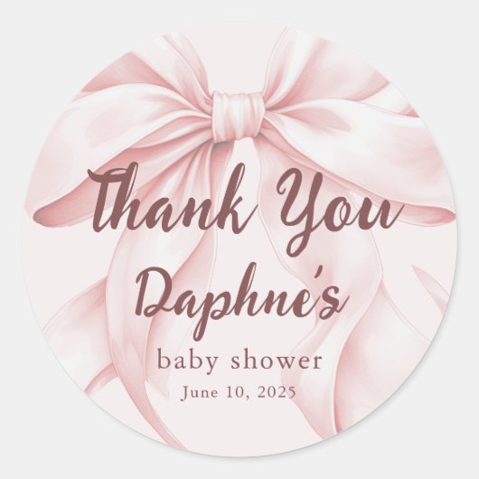 Blush roze strik met elegant script baby shower ronde sticker (Voorkant)