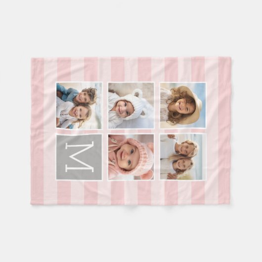 Blush roze stripes - 5 fotocollage monogram fleece deken (Voorkant (Horizontaal))