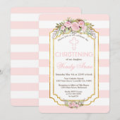 Blush roze stripes Floral Gold Christening Invite Kaart (Voorkant / Achterkant)