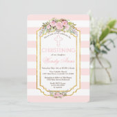 Blush roze stripes Floral Gold Christening Invite Kaart (Staand voorkant)