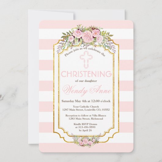 Blush roze stripes Floral Gold Christening Invite Kaart (Voorkant)