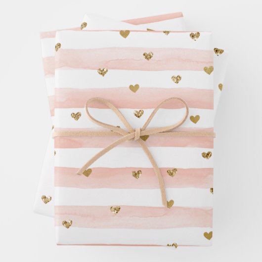 Blush roze stripes Gold Hearts Inpakpapier Vel (In situ)