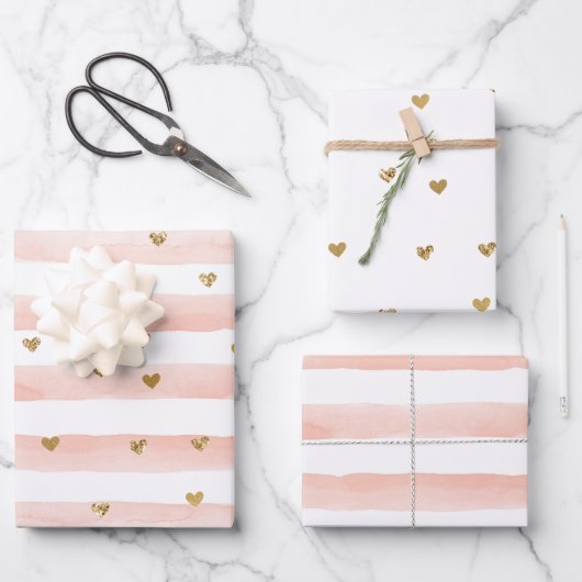 Blush roze stripes Gold Hearts Inpakpapier Vel (Voorkant)