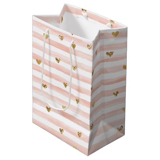 Blush roze stripes Gold Hearts Medium Cadeauzakje (Voorkant Gekanteld)