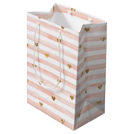 Blush roze stripes Gold Hearts Medium Cadeauzakje (Achterkant Gekanteld)