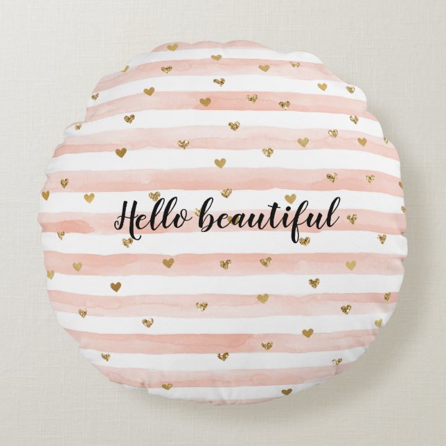 Blush roze stripes Gold Hearts Rond Kussen (Voorkant)