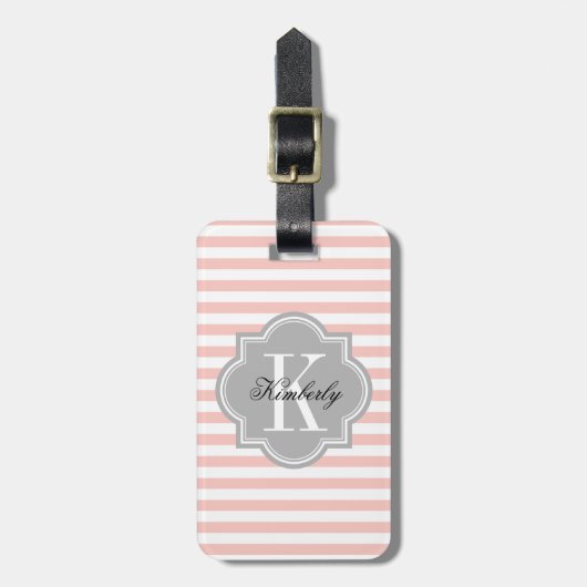 Blush roze stripes met grijze monogram bagagelabel (Voorkant verticaal)