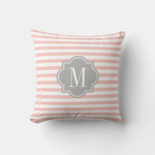 Blush roze stripes met grijze monogram kussen (Voorkant)