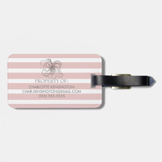 Blush roze stripes Nautical Octopus Bagagelabel (Achterkant horizontaal)