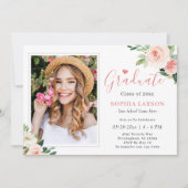 Blush Roze Stusty Blue Floral Foto Afstuderen Kaart (Voorkant)