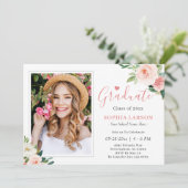 Blush Roze Stusty Blue Floral Foto Afstuderen Kaart (Staand voorkant)