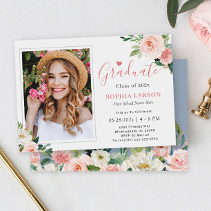 Blush Roze Stusty Blue Floral Foto Afstuderen Kaart