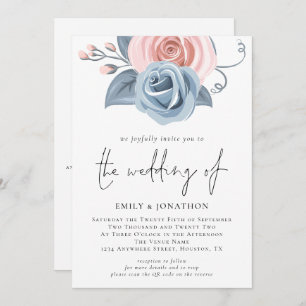 Blush Roze Stusty Blue Florals QR Code Weddenschap Kaart