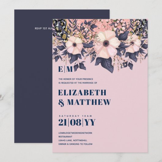 Blush Roze Stusty Blue Rosegold Floral Wedding Chi (Voorkant / Achterkant)