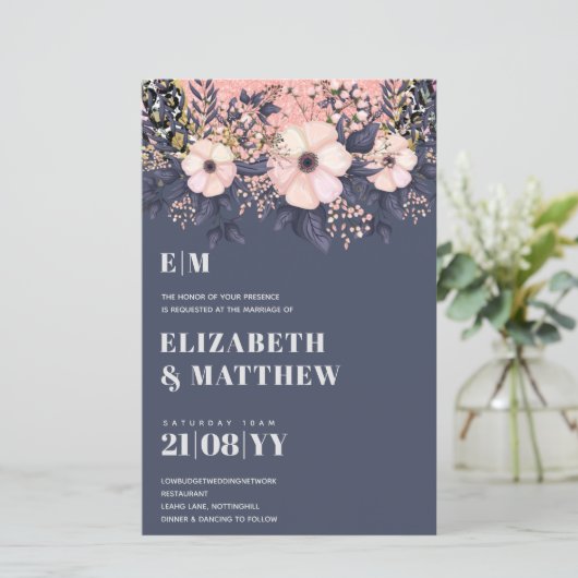 Blush Roze Stusty Blue Rosegold Floral Wedding Chi (Staand voorkant)
