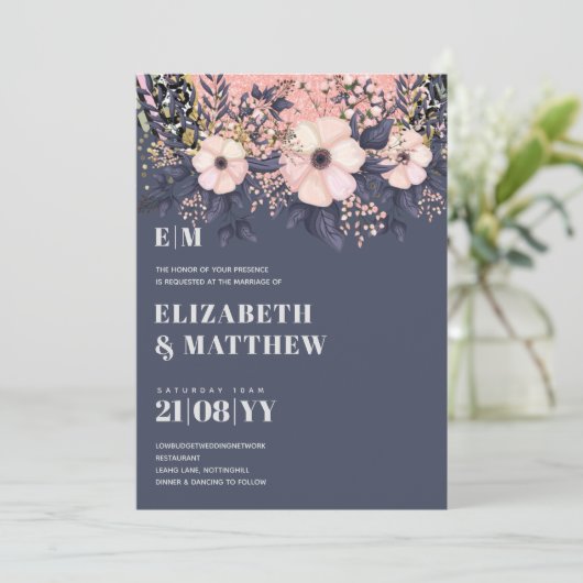 Blush Roze Stusty Blue Rosegold Floral Wedding Chi (Staand voorkant)