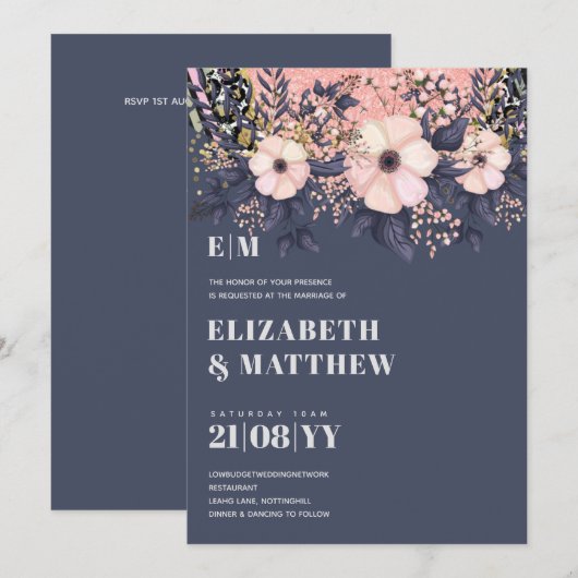 Blush Roze Stusty Blue Rosegold Floral Wedding Chi (Voorkant / Achterkant)