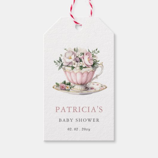 Blush Roze Tea Party Meisje Baby shower Cadeaulabel (Voorkant)