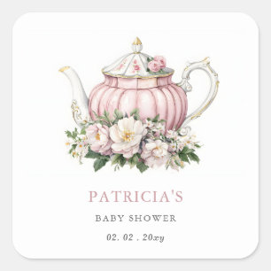 Blush Roze Tea Party Meisje Baby shower Vierkante Sticker