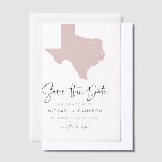 Blush Roze Texas Kaart Minimalistische Save the Da Vellum Uitnodigingen (Offset)