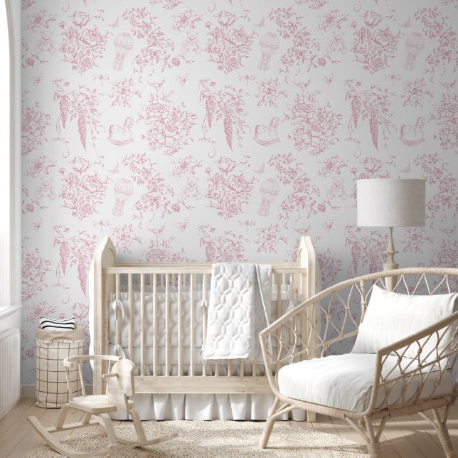 Blush Roze Toile Bloemen Teddybeer Elegant Classic Behang (Kinderen)