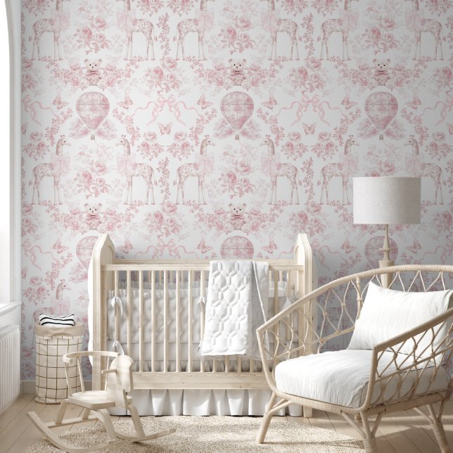 Blush Roze Toile Bow Giraffe Elegant Classic Behang (Kinderen)