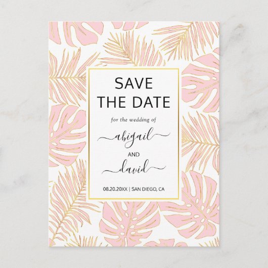 Blush roze tropische bladeren bruiloft Bewaar datu Aankondigingskaart (Voorkant)