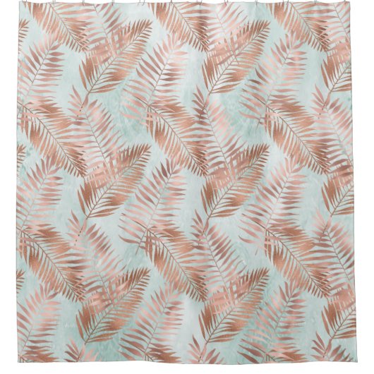 Blush roze tropische bladeren en Blauwgroen Douchegordijn (Voorkant)