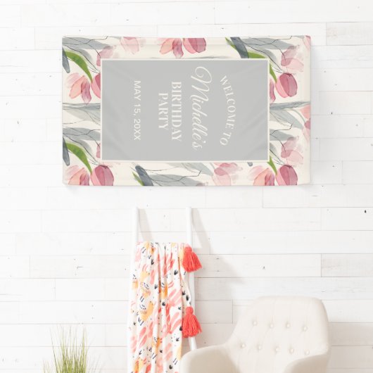 Blush roze Tulips Floral Birthday Party Welkom Spandoek (Insitu)
