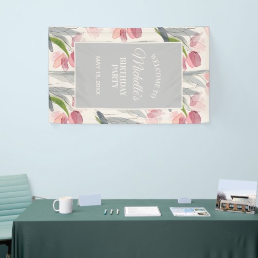Blush roze Tulips Floral Birthday Party Welkom Spandoek (Beurs)
