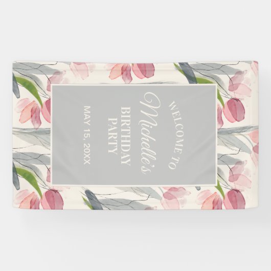 Blush roze Tulips Floral Birthday Party Welkom Spandoek (Horizontaal)