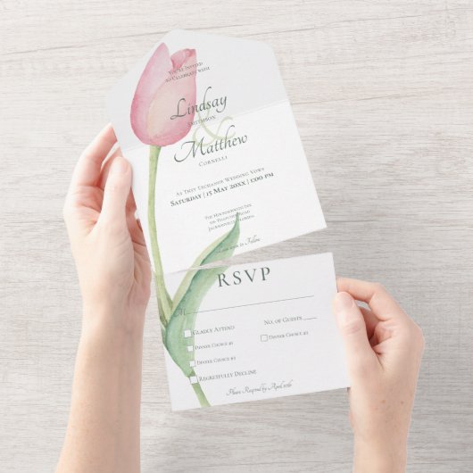 Blush roze tulp solo modern diner all in one uitnodiging (Afscheurbaar)