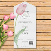 Blush Roze Tulp Solo Roze Moderne QR Code All In One Uitnodiging
