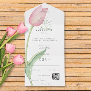 Blush Roze Tulp Solo Roze Moderne QR Code All In One Uitnodiging