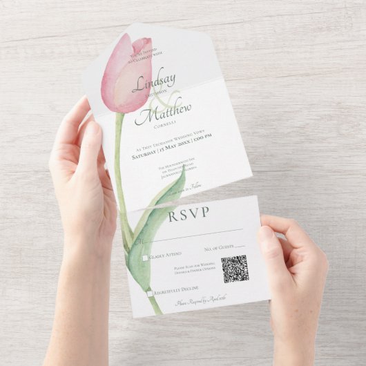 Blush Roze Tulp Solo Roze Moderne QR Code All In One Uitnodiging (Afscheurbaar)