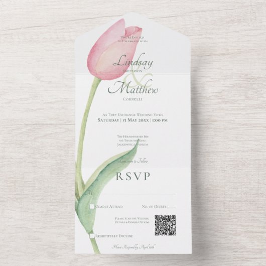 Blush Roze Tulp Solo Roze Moderne QR Code All In One Uitnodiging (Binnen)