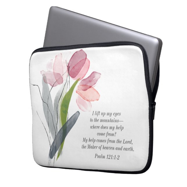 Blush roze tulpen Witte bijbel Verse Christelijk Laptop Sleeve (Voorkant Links)