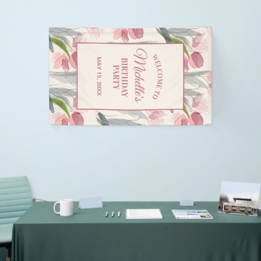 Blush roze Tulps Floral Birthday Party Welcome Ba Spandoek (Beurs)