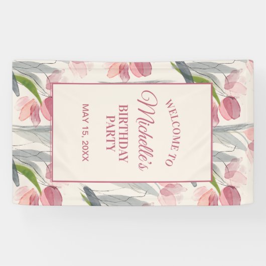 Blush roze Tulps Floral Birthday Party Welcome Ba Spandoek (Horizontaal)