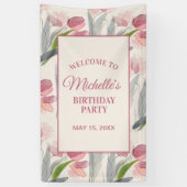 Blush roze Tulps Floral Birthday Party Welcome Ba Spandoek (Verticaal)
