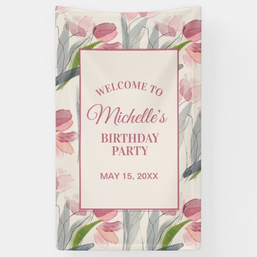 Blush roze Tulps Floral Birthday Party Welcome Ba Spandoek (Verticaal)