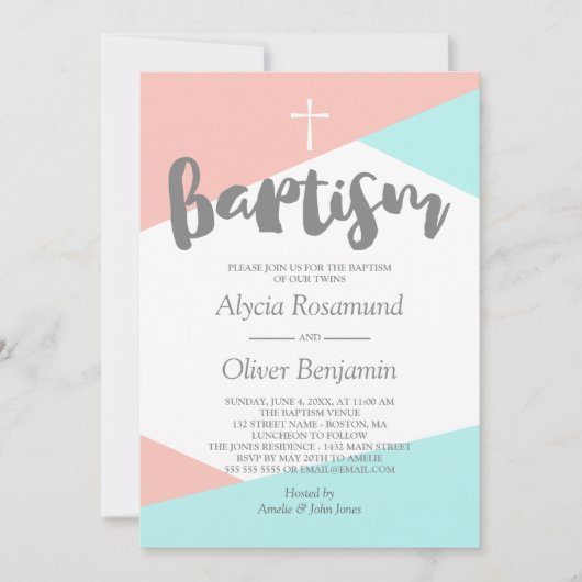 Blush roze Turquoise Geometric Twins Baptisme Kaart (Voorkant)