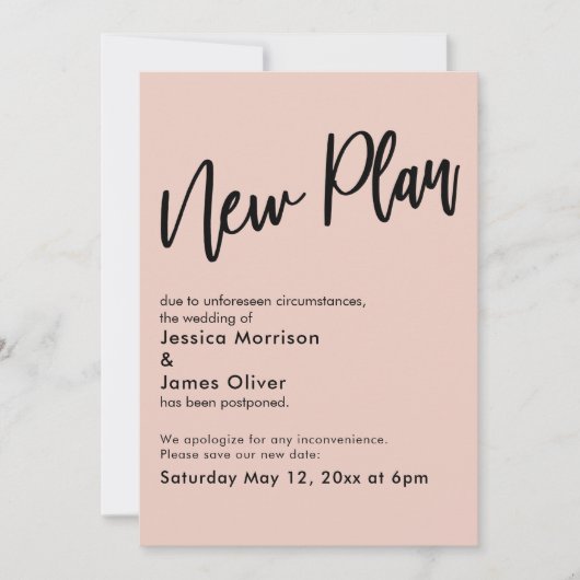 Blush Roze Uitgestelde Bruiloft Nieuw Plan Update Kaart (Voorkant)